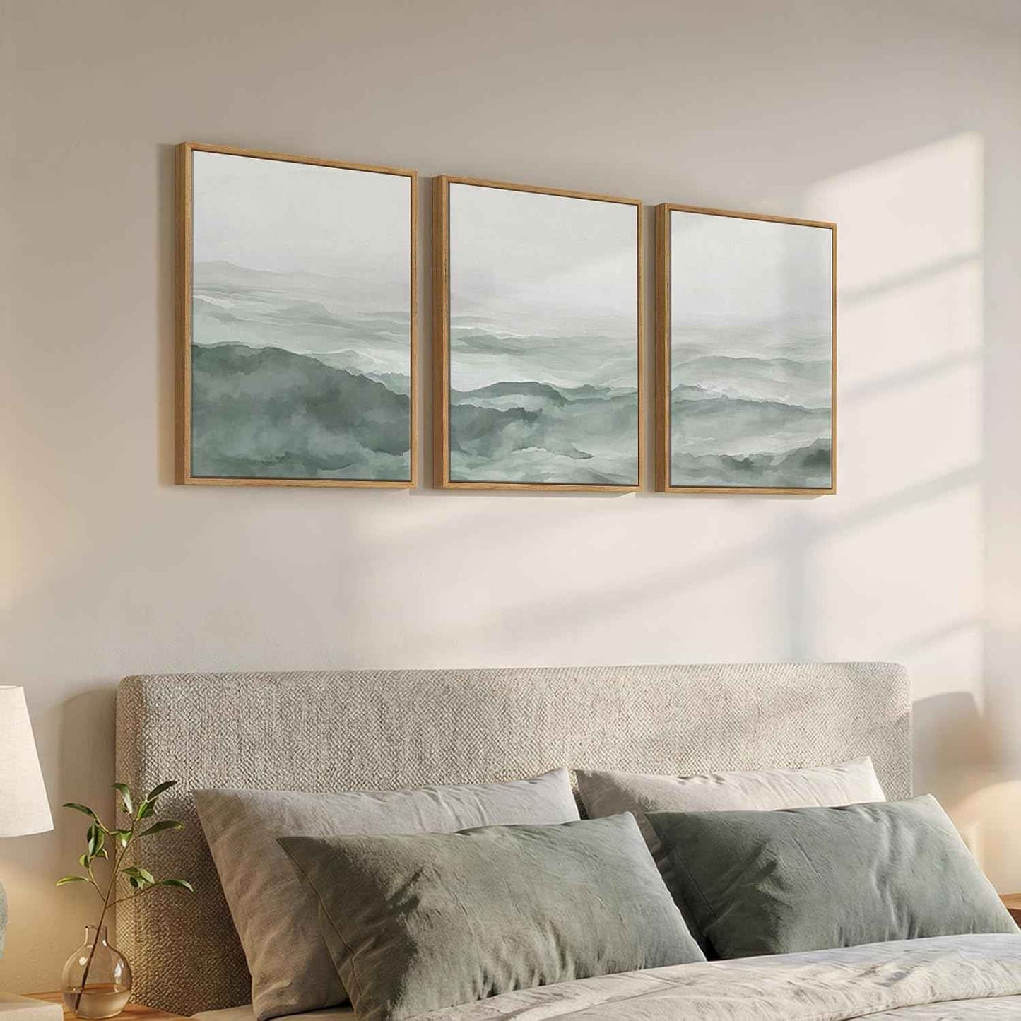 Framed Pastel Green Landscape Wall Art Bedroom, 3 Piece Minimalist Misty Mountain Scenery Canvas Artwork for Walls, Sage Green Paintings Prints Wall Decor for Living Room Home Office, 12x16 Inch