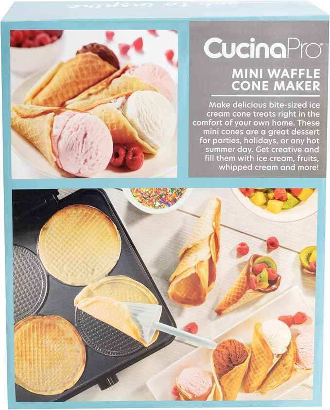 Mini Waffle Ice Cream Cone Maker - Bake 4 Homemade Mini Cones at Once, Includes Shaper Roller - Make Fun Bite Sized Entertaining Desserts for Holiday Parties, Special Occasions and Gift Giving Treats