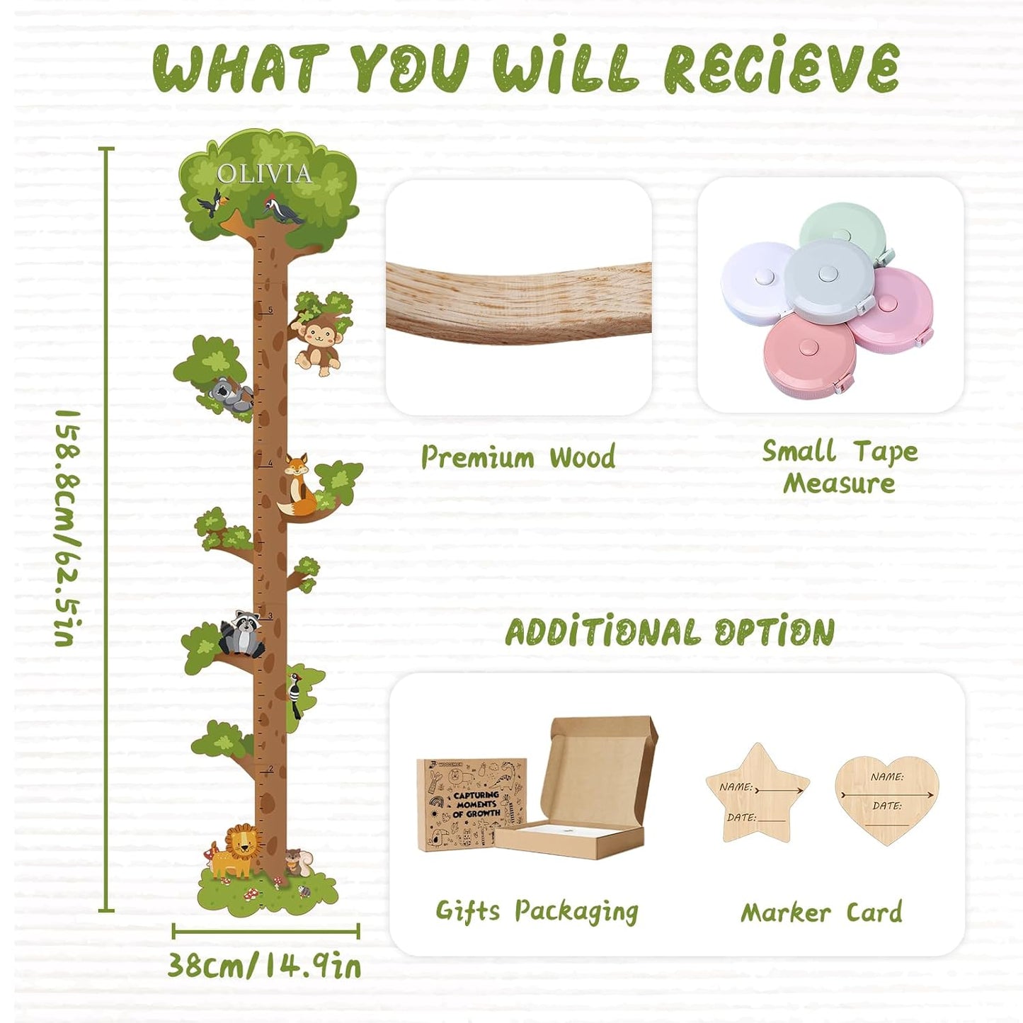 Wooden Surfboard Wall Decor Growth Chart,Tree Art Decor for Kids Room, Wood Tree Kids Sizing Chart, Height Board Cute Decor, Nursery Growth Chart Ruler Measuring Board for Boys Girls