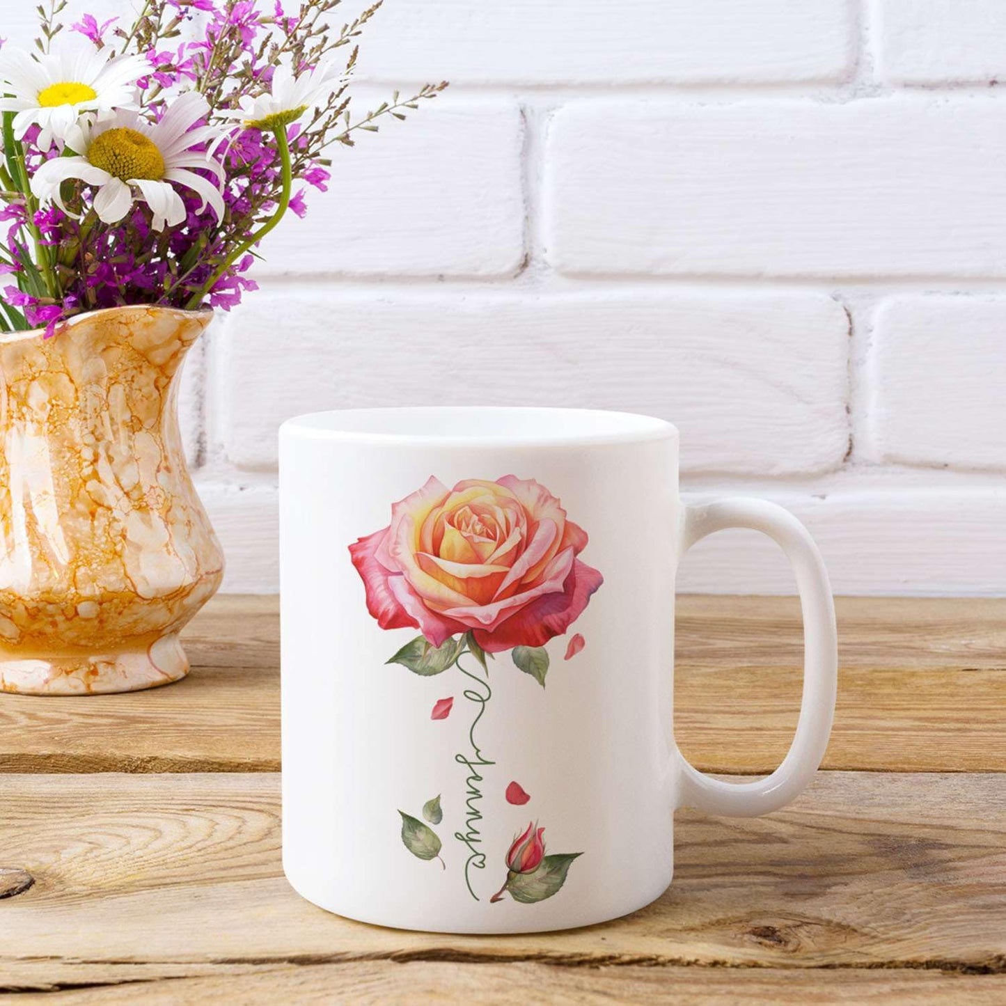 Novelty Rose Accent Cup For Girl, Personalized Rose Flower Coffee Mug 11oz 15oz, Customized Rose Lover Ceramic Cup With Name, Custom Flower Design Mug, Gift For Anniversary