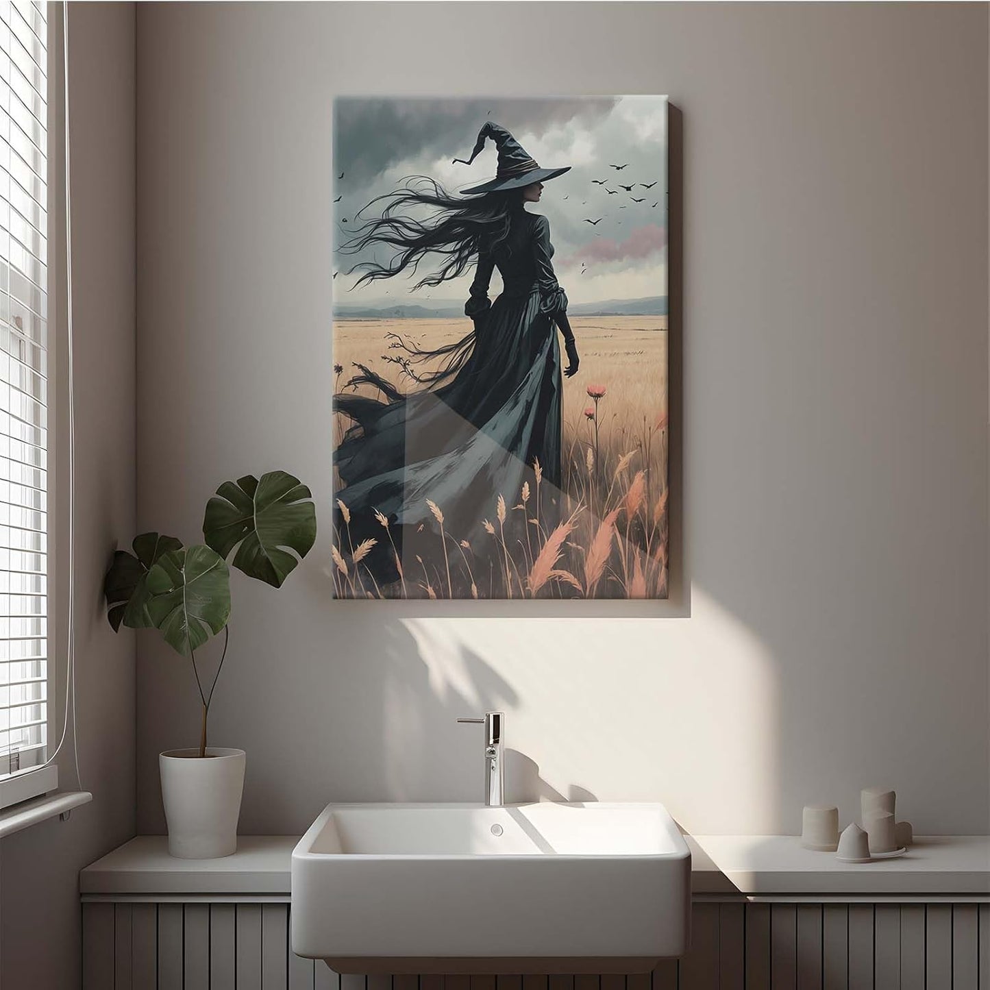 JFHCQJPK Gothic Decor Canvas Wall Art Witch in Rice Field Halloween Art Decor Print Nature Print Victorian Home Bedroom16x24in Frameless