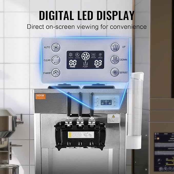VEVOR 1850W Commercial Soft Ice Cream Machine 3 Flavors 5.5 to 8.2Gallon per Hour PreCooling at Night Auto Clean LCDPanel for Restaurants Snack Bar, Sliver