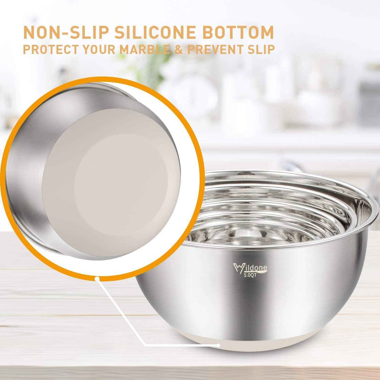 Wildone Mixing Bowls with Airtight Lids Set, 5PCS Stainless Steel Khaki Nesting Bowls for Kitchen, with Grater Attachments & Non-Slip Bottoms, Size 5, 3, 2, 1.5, 0.63 QT, Great for Mixing & Serving