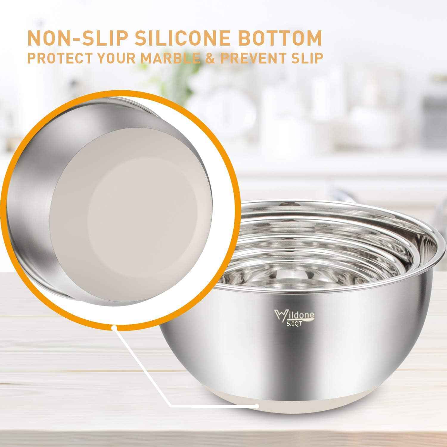 Wildone Mixing Bowls with Airtight Lids Set, 5PCS Stainless Steel Khaki Nesting Bowls for Kitchen, with Grater Attachments & Non-Slip Bottoms, Size 5, 3, 2, 1.5, 0.63 QT, Great for Mixing & Serving