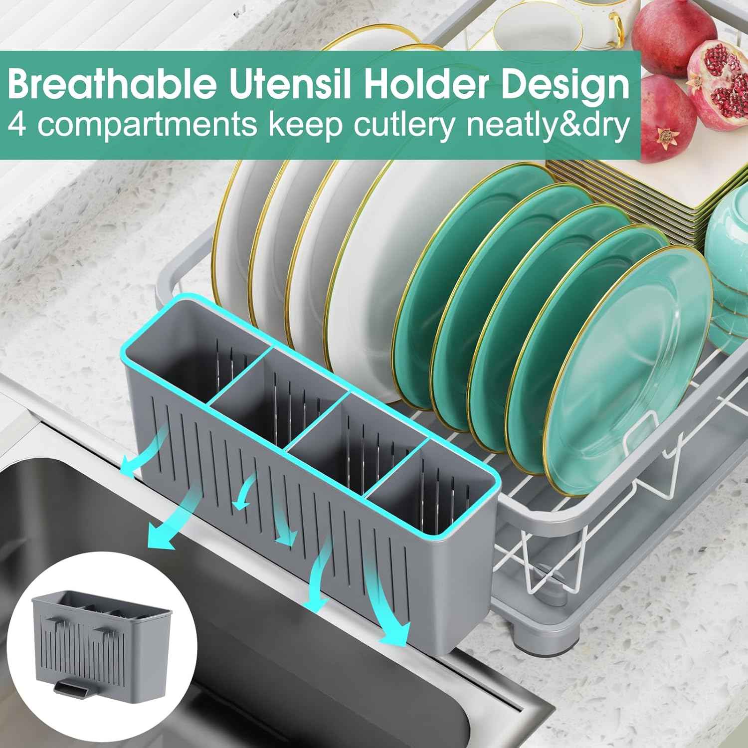 Hiviweer Dish Drying Rack - Space-Saving Dish Rack,Dish Racks for Kitchen Counter with Drainboard, Rustproof Dish Drainer with a Removable 4-Compartment Utensil Holder,Gray