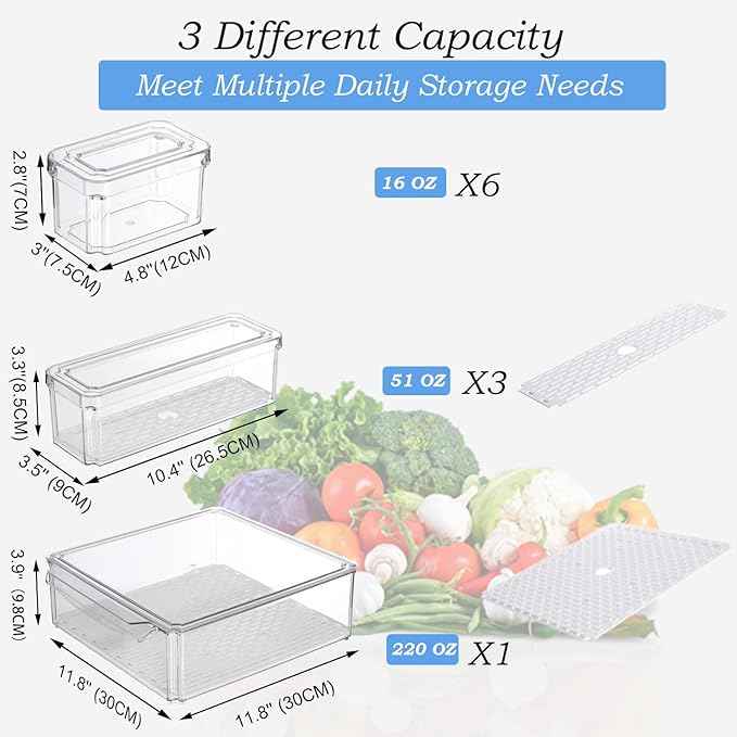 KUMD 10-Pack Clear Fridge Organizer Bins with Lids, Stackable Refrigerator Storage Containers, BPA-Free with Drain Tray & Anti-Slip Base for Fruits, Veggies, Drinks