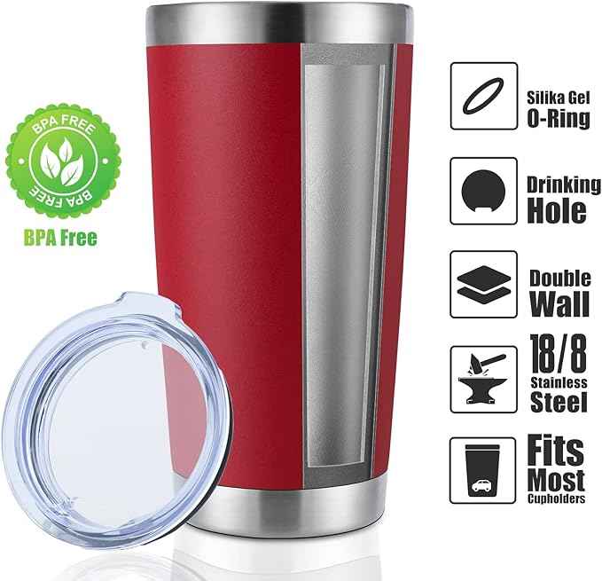 DOMICARE 20oz Stainless Steel Tumbler Bulk with Lid, Double Wall Vacuum Insulated Travel Mug, Powder Coated Coffee Cup, Powder Red, 1 Pack