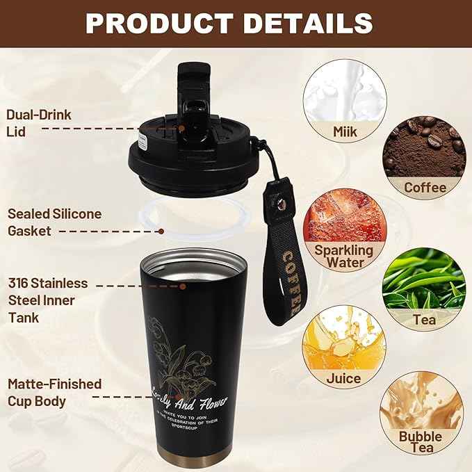 Insulated Coffee Tumbler 17.9oz 530ml Travel Coffee Mug 316 Stainless Steel Dual Drink Openings Leakproof Lid Reusable Insulated Coffee Mug Hot and Cold Ideal Travel Mug for Coffee Lover Daily