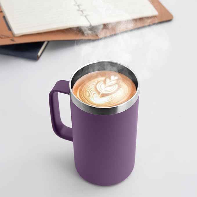 DOMICARE 24oz Mug with Handle and Lid, Stainless Steel Coffee Mug, Travel Mug with Handle, Double Wall Vacuum Coffee Tumbler, Reusable Insulated Cup, Dark Purple, Pack 4