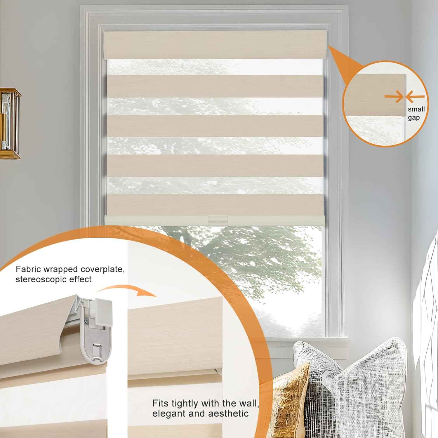 Persilux No Drill No Tool Zebra Blinds Dual Layer Privacy for Day and Night Window Blinds Light Filtering Cordless Shades for Windows,Easy to Install Thermal Insulated,Beige,61" W x 48" H