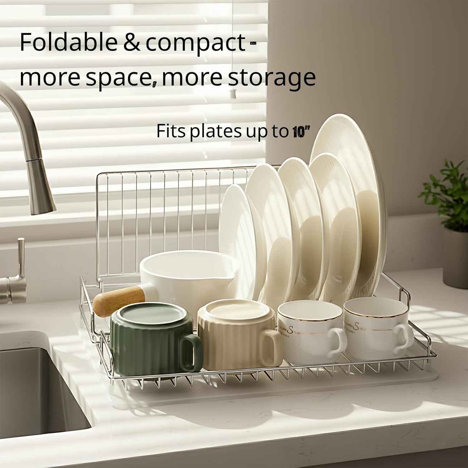 Foldable Dish Drying Rack, Small Dish Drying Racks, Collapsible Dish Drying Rack for Kitchen Counter - Compact Design, Stainless Steel, Silver