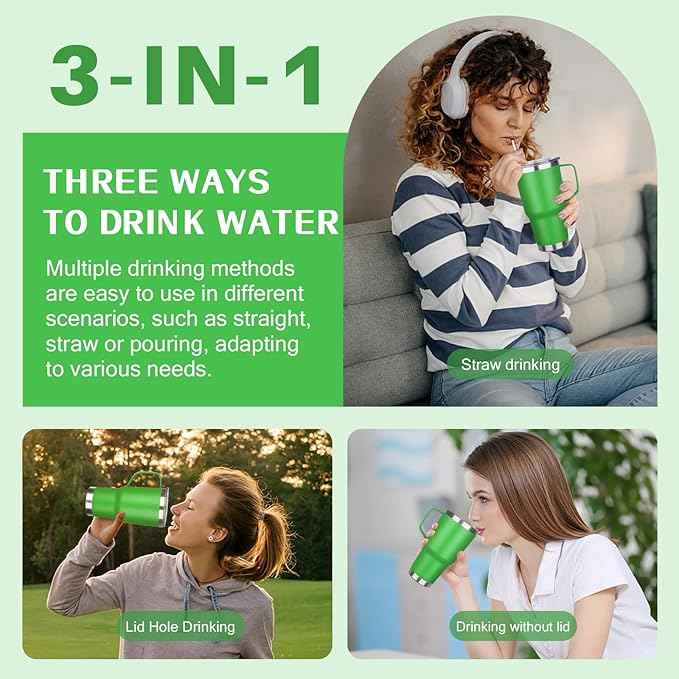 30 oz Tumbler with Handle, Stainless Steel Insulated Tumbler with Lid and Straw, Double Wall Vacuum Coffee Mug Tumbler, Insulated Coffee Thermal Cup for Cold and Hot (Fruit Green)