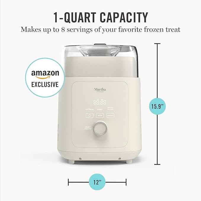 Martha Stewart 1 Quart Ice Cream Maker, Built-In Compressor, No Pre-Freezing Required, 3 Modes (Ice Cream, Sorbet, Frozen Yogurt), Automatic Mix-In Alert, Dishwasher-Safe Parts, Linen White