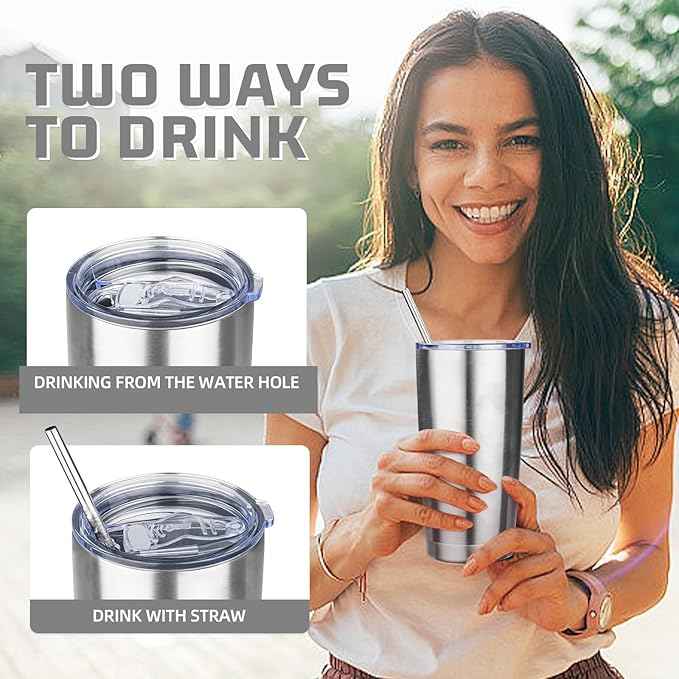 20 oz Tumbler with Lids and Straws, Stainless Steel Insulated Travel Coffee Mug, Double Wall Vacuum Insulated Tumblers, Powder Coated Coffee Tumbler for Cold & Hot Drinks (Silver)
