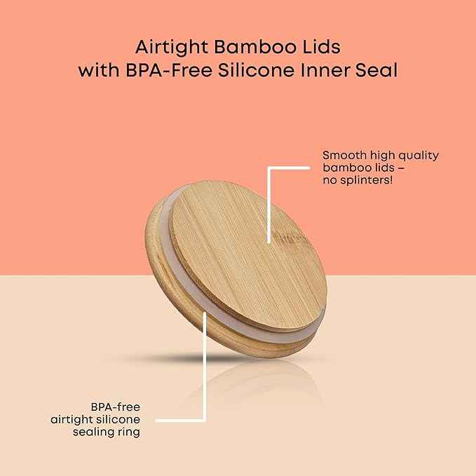 JoyJolt Borosilicate Glass Jars With Bamboo Lids. 6 Pc Set of Air Tight Sealable Containers. Food Jar Canisters with Airtight Lid for Pantry Storage and Kitchen Organization.