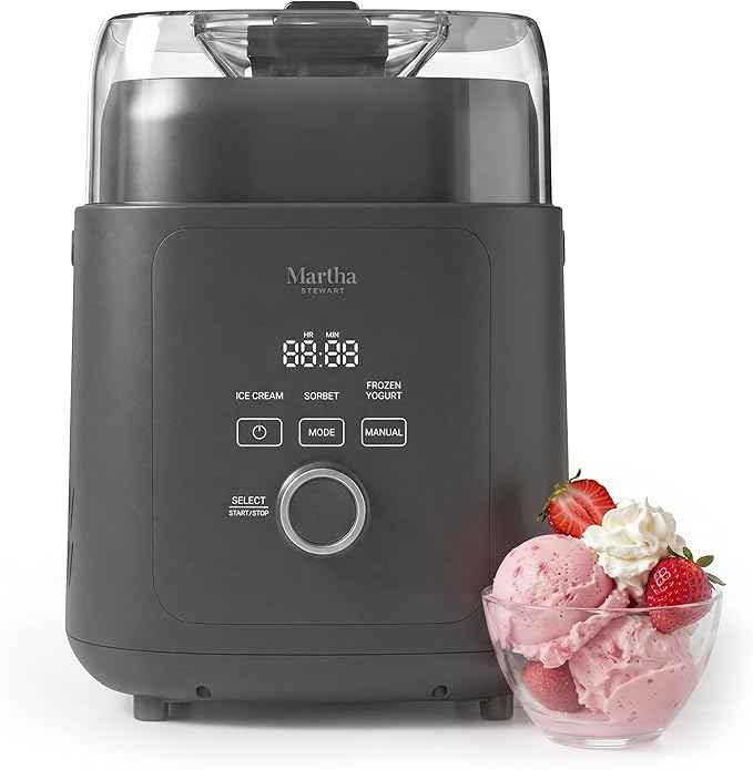 Martha Stewart 1 Quart Ice Cream Maker, Built-In Compressor, No Pre-Freezing Required, 3 Modes (Ice Cream, Sorbet, Frozen Yogurt), Automatic Mix-In Alert, Dishwasher-Safe Parts, Caviar Gray