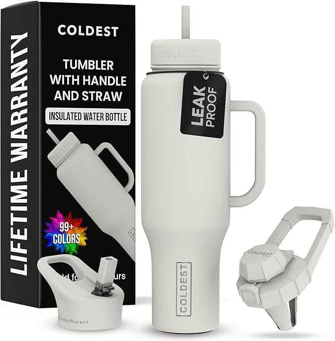 Coldest Tumbler with Handle and Straw - 100% Leak Proof Insulated Tumbler with Lid and Straw (3 Lids) - Stainless Steel Tumblers for Women & Men - Cup Holder Friendly Base, 46 oz (Margarita)
