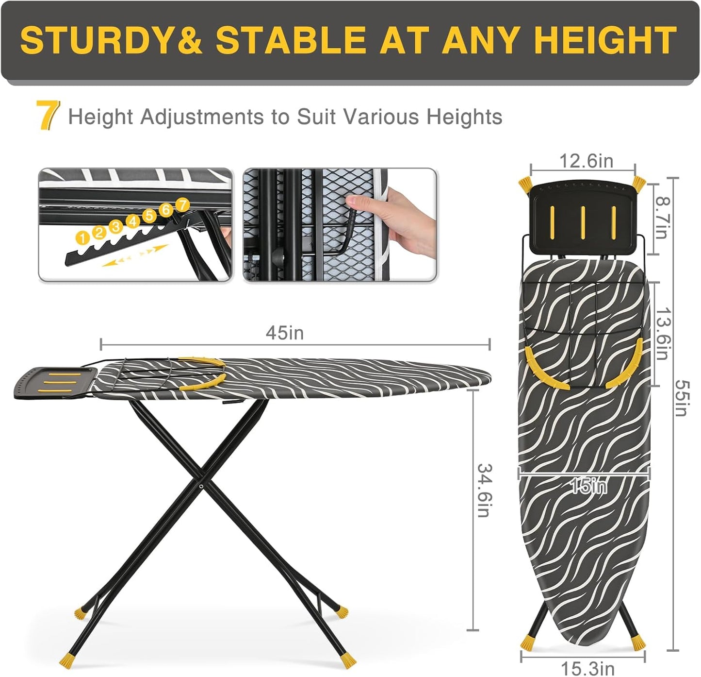 KINGBOARD Ironing Board Full Size with Metal Panel, Foldable Ironing Board with Iron Rest, 7 Height Adjustable, Heat Resistant Thick Padding Cover, Easy Storage Heavy Duty Iron Board,15x48, Black