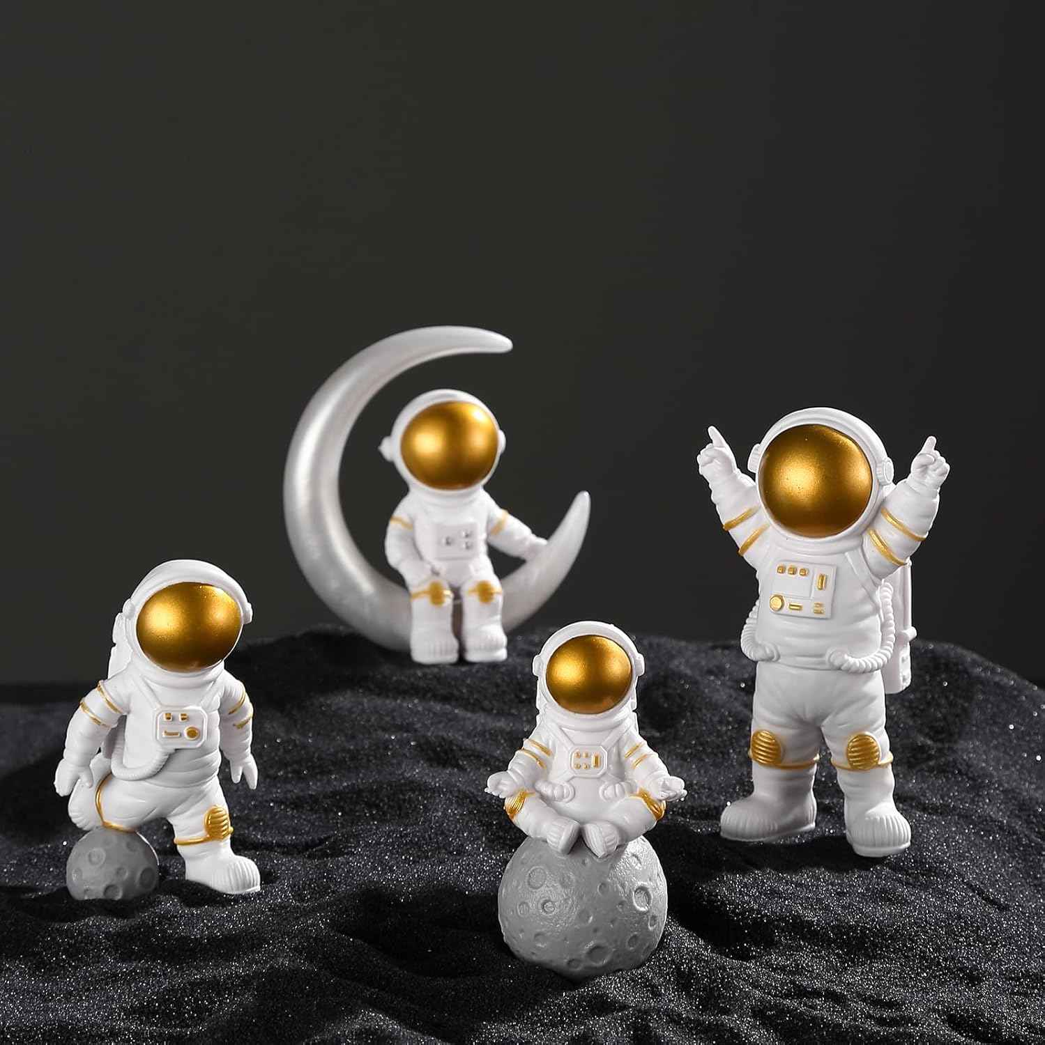 4 Pcs Gold White Astronaut Statues Set of 4, Spaceman Sculpture Figurines Outer Space Theme Decor for Nursery Room Topper (4, Golden)