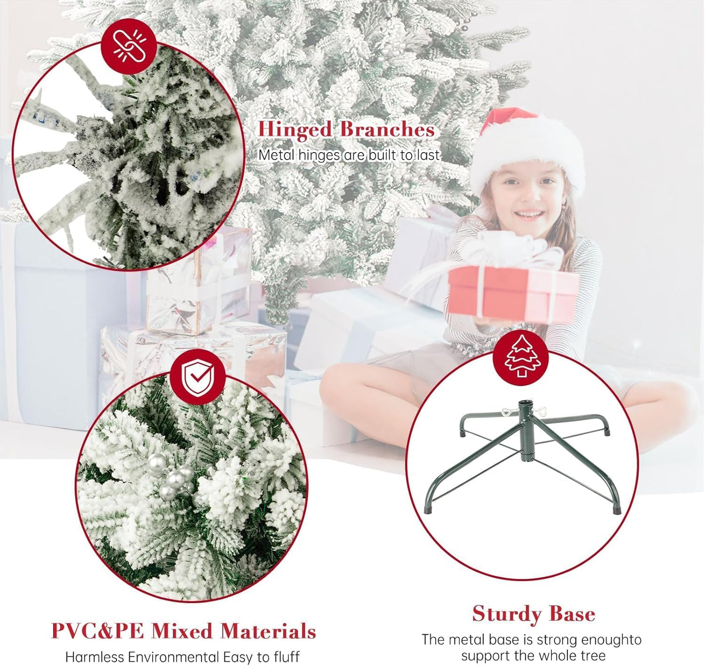 Outroad 7ft Snow Flocked Christmas Tree Premium Hinged Artificial Pine Tree, Xmas Tree Metal Stand and 1000 Lush Branch Tips Holiday Decorate, Easy to Assemble, White