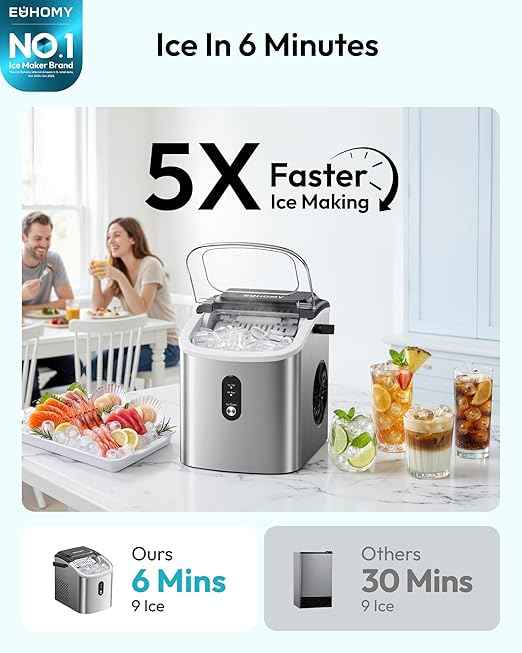 EUHOMY Ice Maker Countertop, Portable Ice Machine with Carry Handle, 26.5lbs Per Day, 9 Cubes in 6 Mins, Auto-Cleaning, with Basket and Scoop, for Home, Kitchen, Camping, RV (Silver)