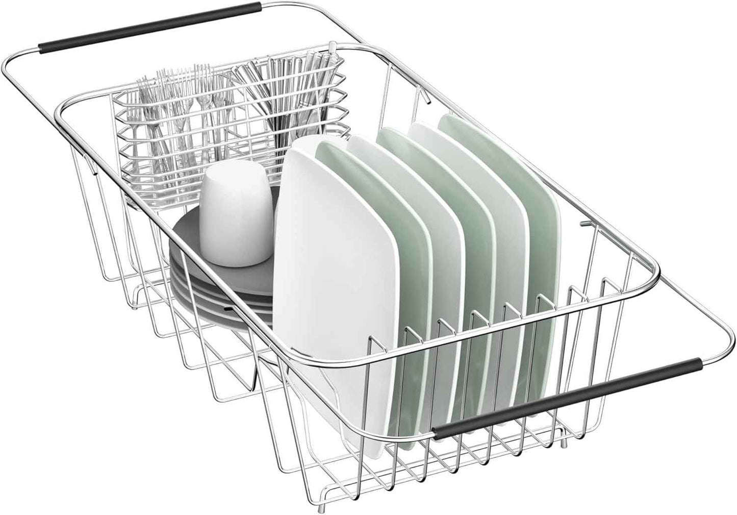 JAQ Over Sink Dish Drying Rack for Small Sink, Compact Expandable 14.25"–22.44", Adjustable 304 Stainless Steel Dish Drainer with Utensil Holder, Space Saving for Small Kitchen