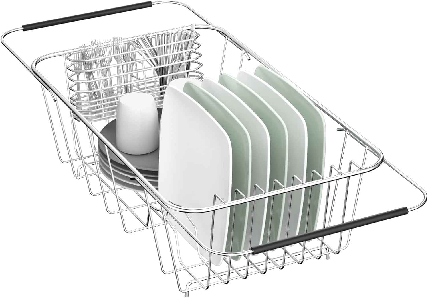 JAQ Over Sink Dish Drying Rack for Small Sink, Compact Expandable 14.25"–22.44", Adjustable 304 Stainless Steel Dish Drainer with Utensil Holder, Space Saving for Small Kitchen