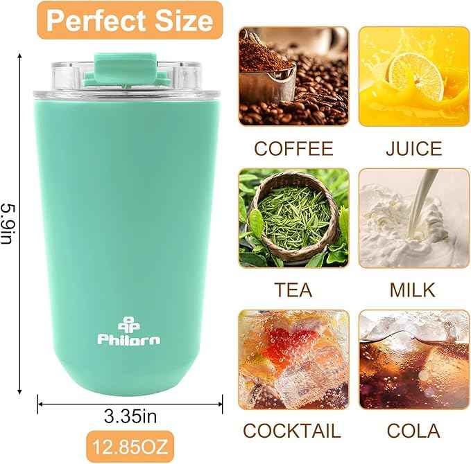 PHILORN Coffee Mug 12 OZ Tumbler, Green Travel Coffee Mug with Lid, Coffee Thermos for Hot & Cold Drinks, Insulated Stainless Steel Travel Coffee Cup with Double Wall