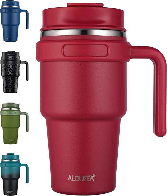 20 oz Insulated Coffee Mug Tumbler with Handle, Stainless Steel Travel Mug Tumbler with Lid and Straw,Double Wall Vacuum Leak Proof Ice Coffee Thermal Cup, Red