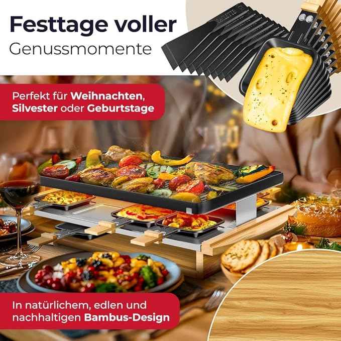KESSER Raclette Grill with Natural Stone, Table Grill Plate for 8 People, Electric Raclette Grill with Non-Stick Plate, 8 Pots and Wooden Spatula 1200W