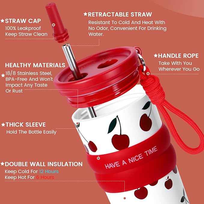 24 oz Stainless Steel Tumbler with Straw, Water Bottle Leak Proof for Hot and Cold, iced Insulated Coffee Travel Mug, Cherry Ceramic Lined Tumbler, Reusable Thermal Coffee Cup Gift for Women