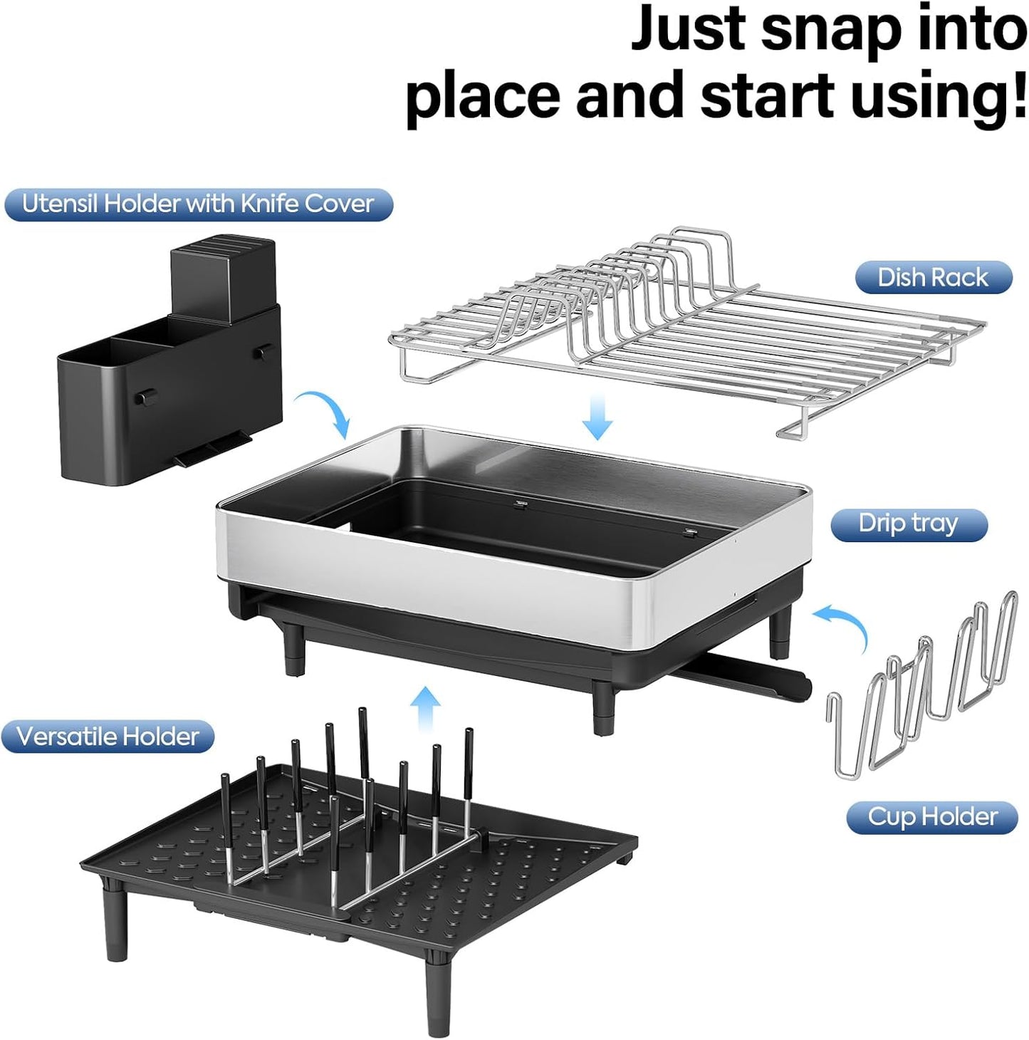 Urackify Dish Drying Rack for Kitchen Counter - Stainless Steel Dish Drainer with Drain Board, Removable Utensil Holder, Rust-Proof Plate, Non-Slip Feet, Large Capacity for 10 Plates 6 Bowls 4 Cups