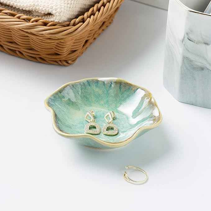 Jewelry Dish Tray, Ring Dish, Ceramic Trinket Tray, Key Bowl, Decorative Plate, for Friends Sisters Daughter Mother (Emerald Green)