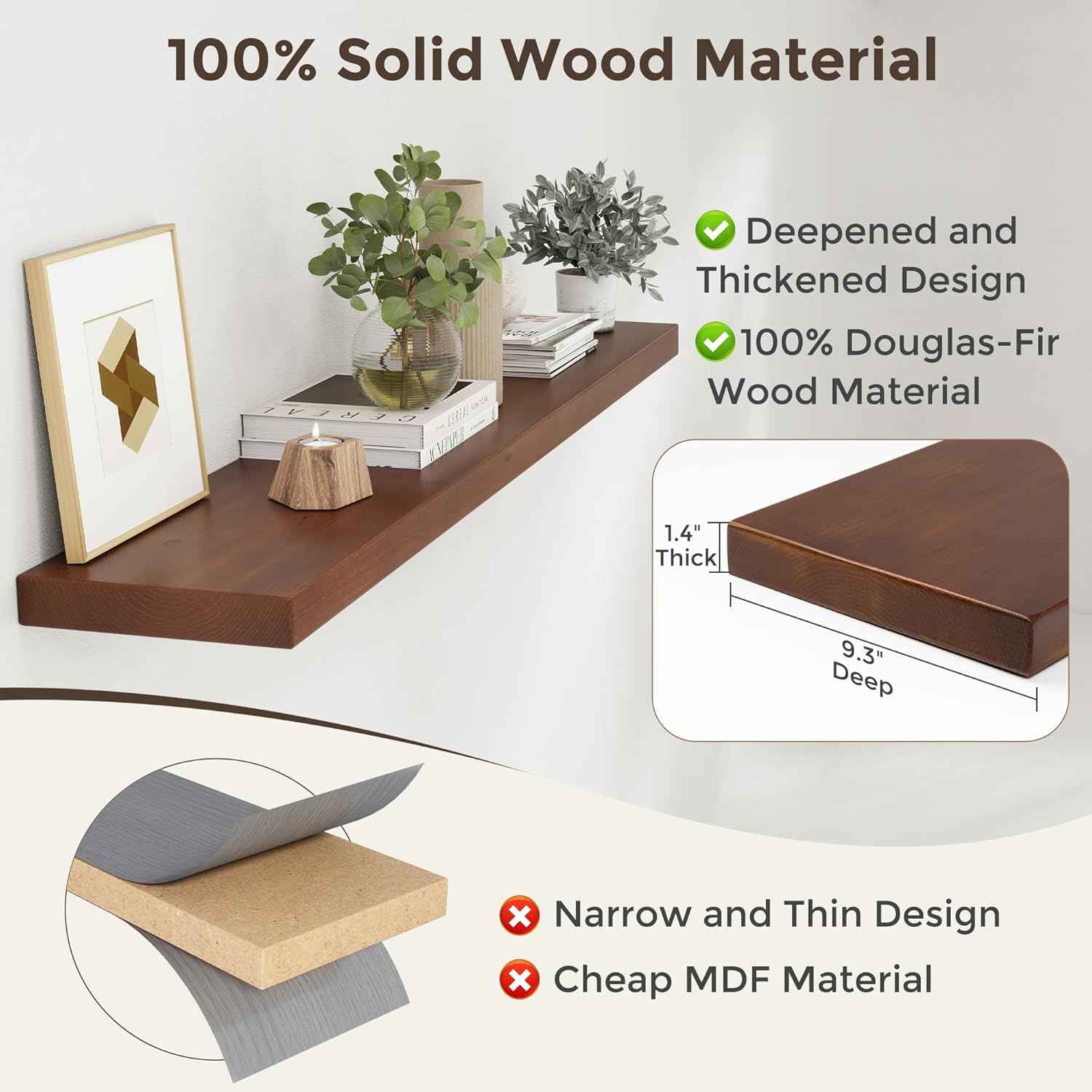 Axeman 55 Inch Floating Shelves for Wall, 9.3" Deep High End Solid Real Wood Wall Shelves with Heavy Duty Invisible Bracket for Living Room, Bedroom, Kitchen, Bathroom, Set of 1, Walnut Finish
