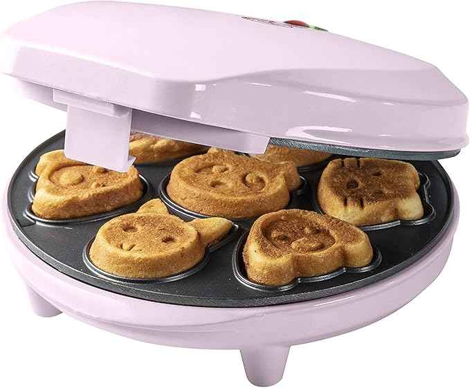 Bestron Mini Cookie Maker with Animal Pattern, Mini Waffle Mould, with Cooking Indicator & Non-Stick Coating, 700 Watts, Colour: Pink AAW700P