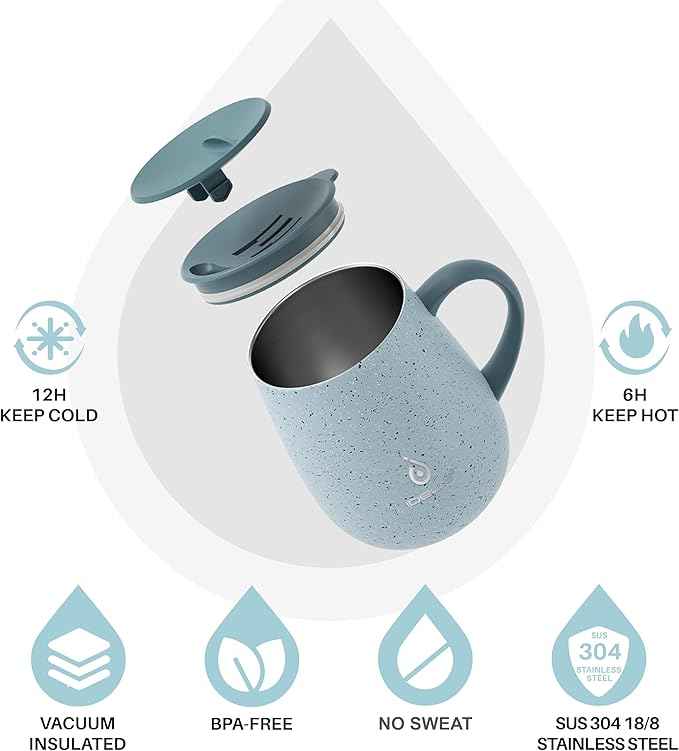 Ideus 16 oz Insulated Coffee Mug with Handle and Lid, Double Wall Stainless Steel Vacuum Thermal Coffee Mug, Travel Coffee Cup Thermal Cup for Home and Office, Eggshell Blue