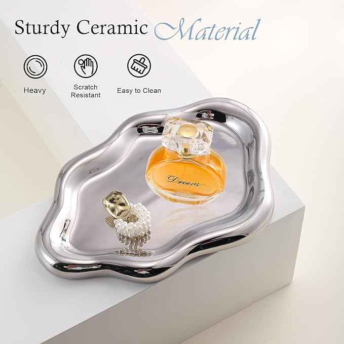 CCINPPY Ceramic Jewelry Tray Trinket Dish, Decorative Cloud Vanity Key Tray for Women, Ring Holder Dish, Cute Jewelry Plate Bowl Room Decor Aesthetic, Silver, Large
