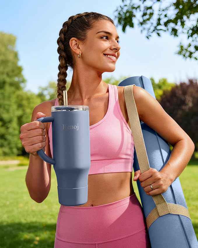 Renoj Insulated Mug 100% Spill Resistant Insulated Water Bottle for Iced Coffee & Hot Drinks - Fits Car Cup Holder, Ideal Gift, 2 Straws & Silicone Boot - FlexSlide Navy Blue 40 oz