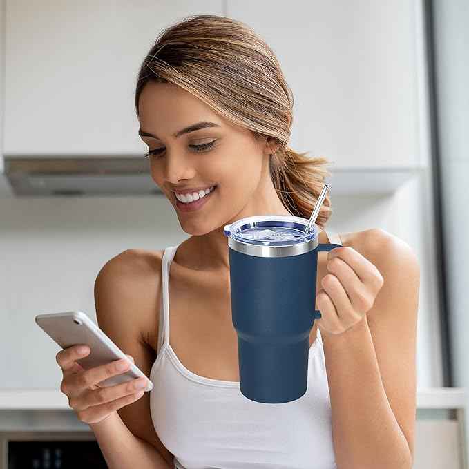 20 oz Tumbler with Handle, insulated cup coffee mug with lid, straw and handle, Double Wall Stainless Steel Vacuum Coffee Tumbler travel mug spill proof, 1pcs Navy Blue