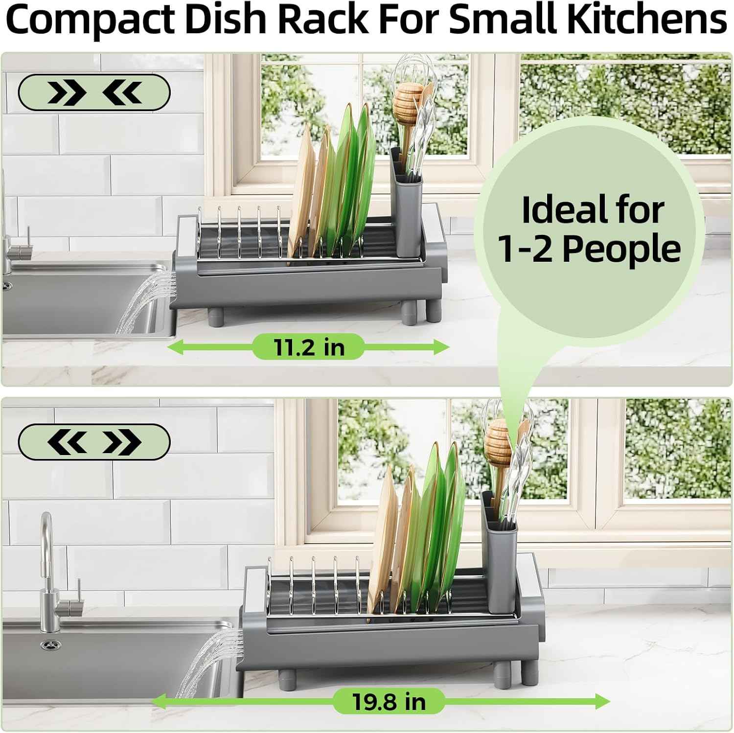 TOOLF Small Dish Drying Rack, Mini Expandable Compact Dish Rack, Slim Extendable Stainless Steel Dish Drainer for Kitchen Plate Storage, Space Saving Dish Strainer in Sink or on Home Countertop, Gray