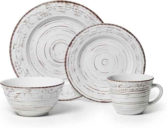 Pfaltzgraff Trellis White 16-Piece Stoneware Dinnerware Set, Service for 4, Distressed White Finish, Microwave & Dishwasher Safe Plates and Bowls