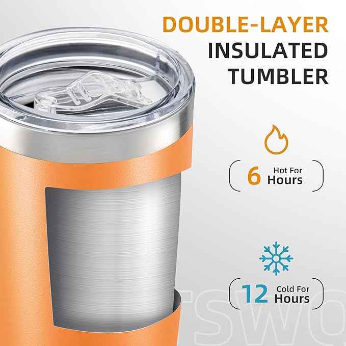 20 oz Tumbler Bulk with Lid Stainless Steel Insulated Tumblers Double Wall Vacuum Coffee Mug Powder Coated Tumbler Cups for Cold and Hot Drinks, Orange, 6 pack