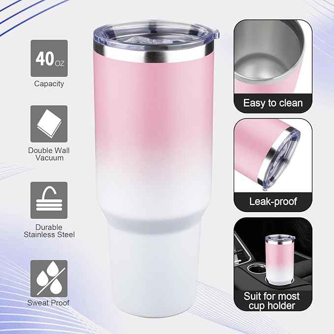 40 oz Tumbler with Lids and Straws Double Wall Vacuum Insulated Tumbler Cup,Stainless Steel Leak-proof Thermal Tumbler Powder Coated Travel Coffee Mug for Cold and Hot Drinks,Pink White