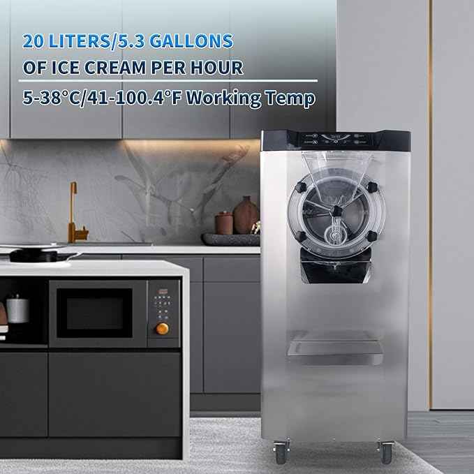 2000W Commercial Hard Ice Cream Machine, 6.3 GPH (18-24L/H) High Capacity Batch Freezer with LED Display, Stainless Steel Hard Ice Cream Maker for Restaurants, Cafes & Bars, 110V-120V Standard US Plug
