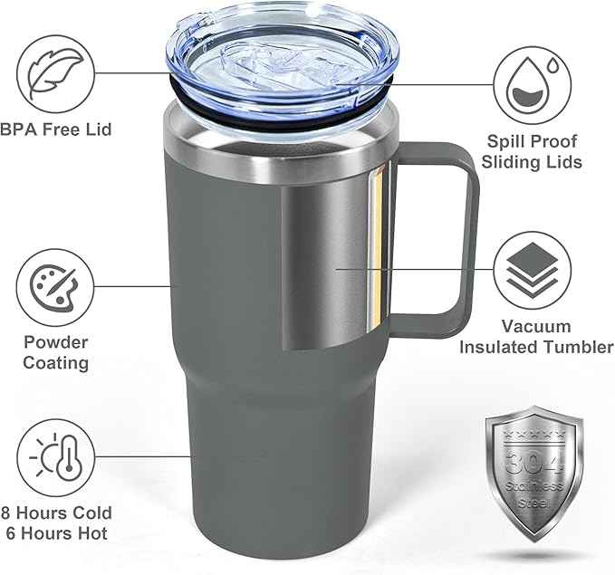 20 oz Tumbler with Handle, insulated cup coffee mug with lid, straw and handle, Double Wall Stainless Steel Vacuum Coffee Tumbler travel mug spill proof, 1pcs Grey