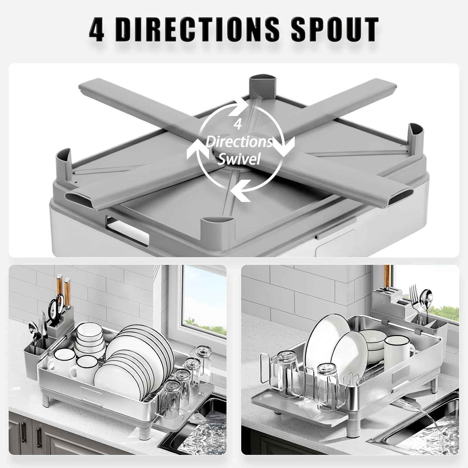 Ewaiira Dish Drying Rack, 304 Stainless Steel Dish Racks for Kitchen Counter, Dish Drainers with Automatic Drainage, Utensil Holder & Cups Holder, Space Saving Kitchen Organizer, Gray