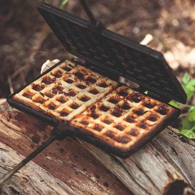 Petromax Hinged Campfire Waffle Iron for Grill or Campsite, Cast Iron with Wooden Handles, 28.3 inches Long