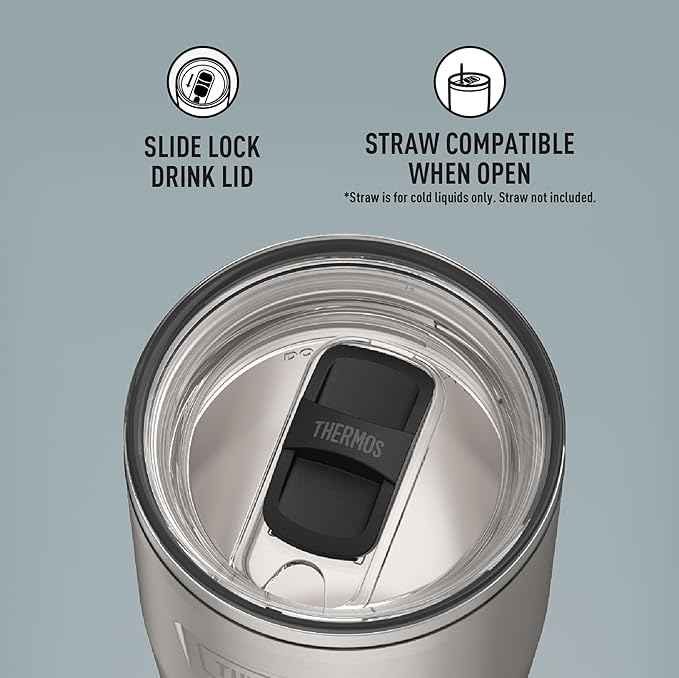 THERMOS ICON SERIES, Stainless Steel Cold Tumbler with Slide Lock, 24 Ounce, Matte Stainless Steel