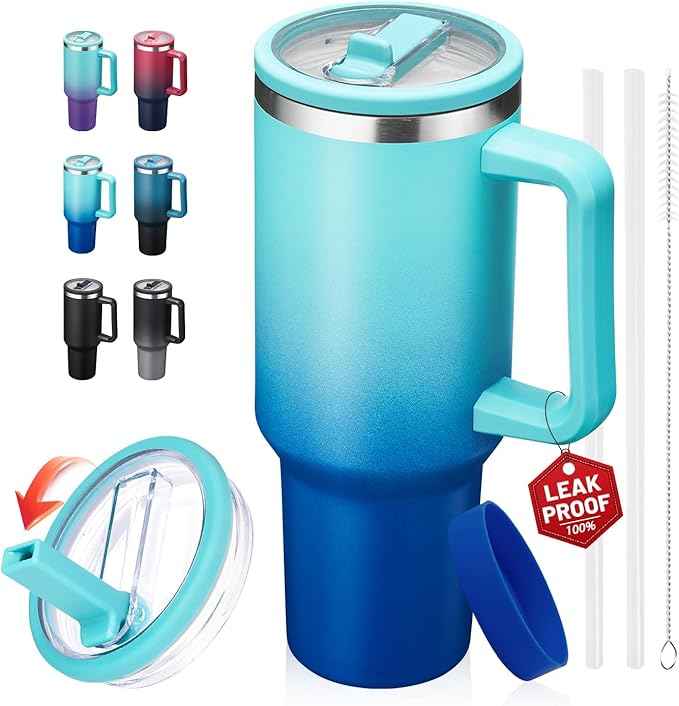 ICIOI 40oz Tumbler with Handle and Flip Straw Lid, Leak-Proof Insulated Stainless Steel Mug, Keeps Drinks Cold 34H Hot 10H, Fits in Car Cup Holder, Travel Coffee Cup for Gym, Work, Office