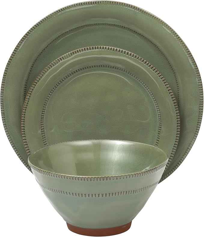 Gibson Elite Terranea 12 Piece Dishes Reactive Glaze Plates and Bowls Terracotta Dinnerware Set - Service for 4 - Green